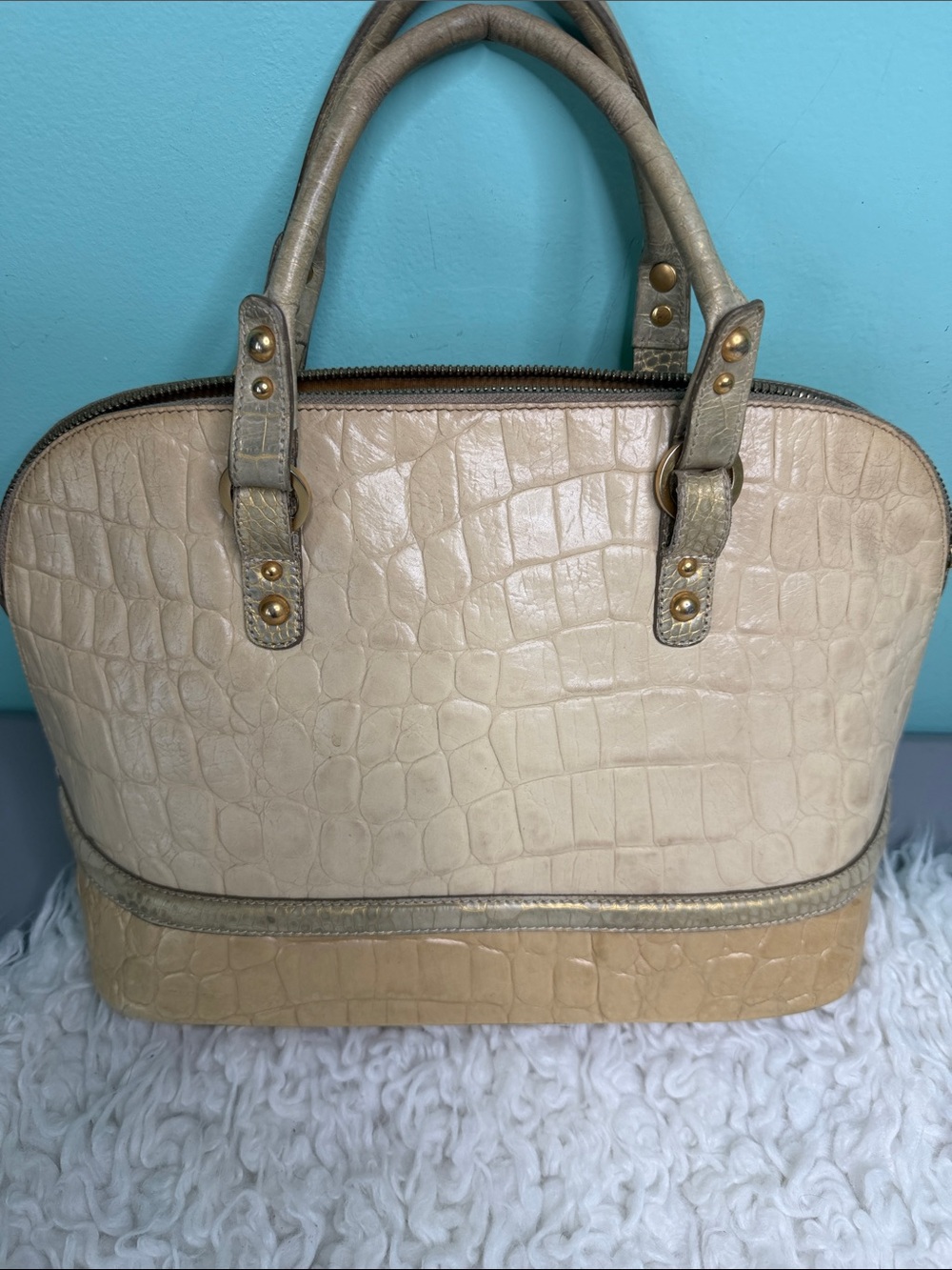 Brahmin Dome Classic Croc-Embossed Dome Satchel in Cream and Tan,NO LONG STRAP